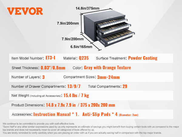 VEVOR tap dispenser cabinet with 3 layers, 29 compartments, and dimensions 14.8x7.9x7.9 inches.