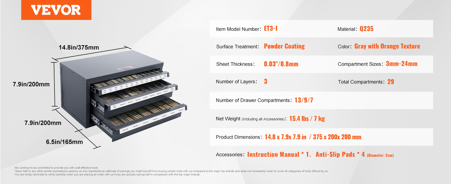 VEVOR tap dispenser cabinet with 3 layers, 29 compartments, and dimensions 14.8x7.9x7.9 inches.