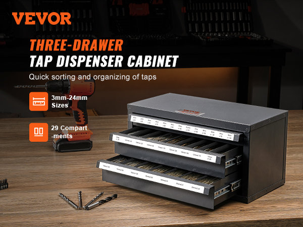 VEVOR tap dispenser cabinet with three drawers for organizing taps from 3mm-24mm, 29 compartments.
