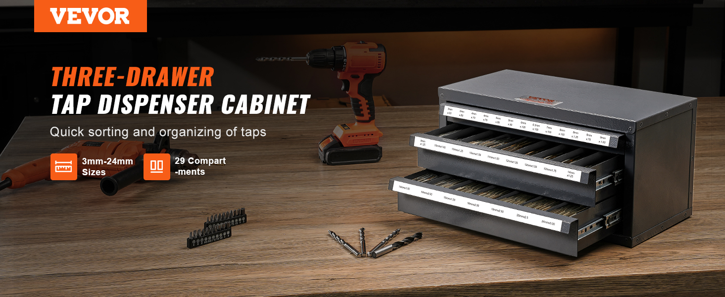 VEVOR tap dispenser cabinet with three drawers for organizing taps from 3mm-24mm, 29 compartments.