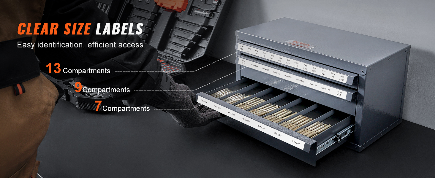 VEVOR tap dispenser cabinet featuring clear size labels and multiple organized compartments.