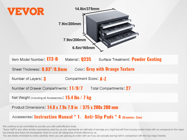 VEVOR drill bit organizer with 3 layers, 27 compartments, and powder coating finish, dimensions 14.8x7.9x7.9 in.