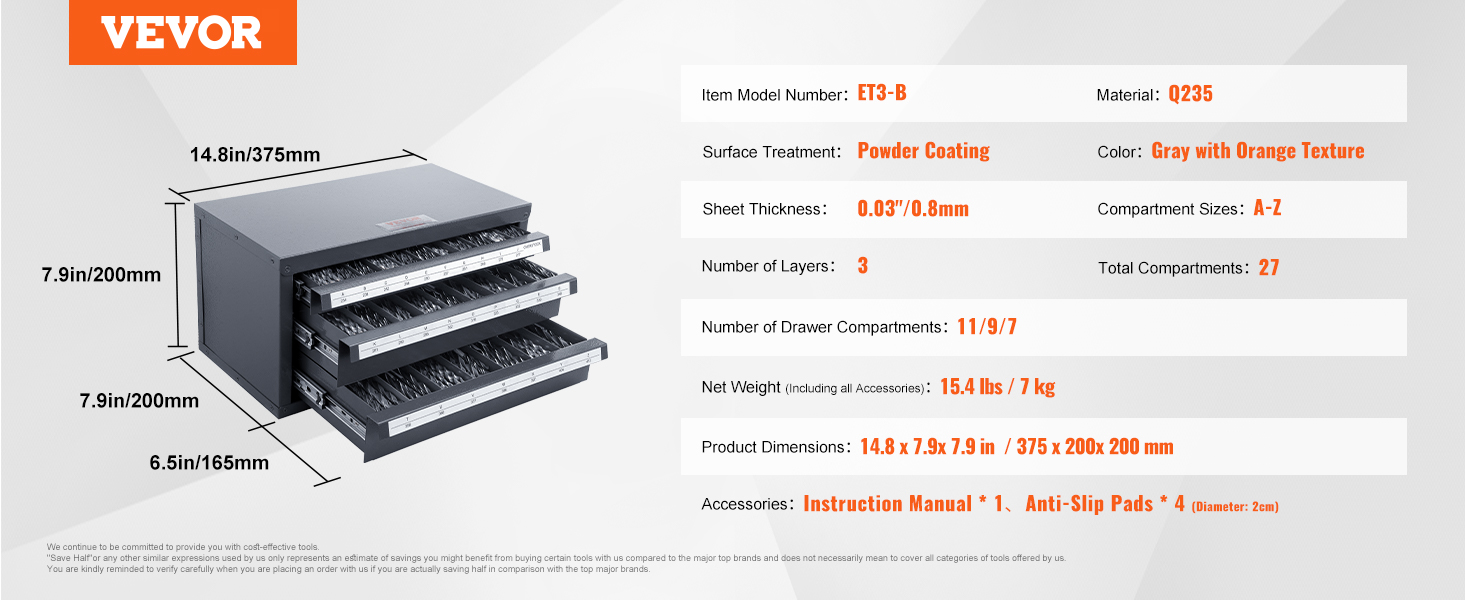VEVOR drill bit organizer with 3 layers, 27 compartments, and powder coating finish, dimensions 14.8x7.9x7.9 in.