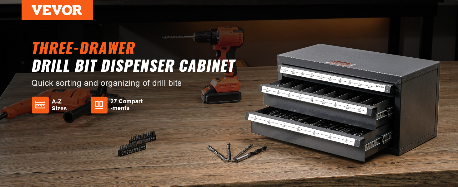 VEVOR drill bit organizer with three drawers, drill bits, and an orange drill on a wooden table.