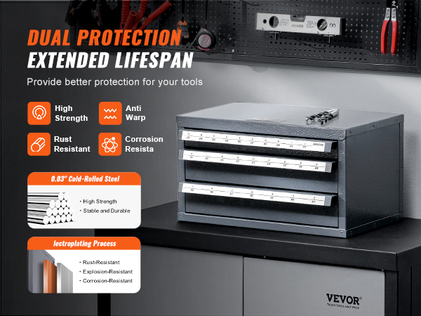 VEVOR drill bit organizer with labeled compartments, high strength, and corrosion-resistant features.