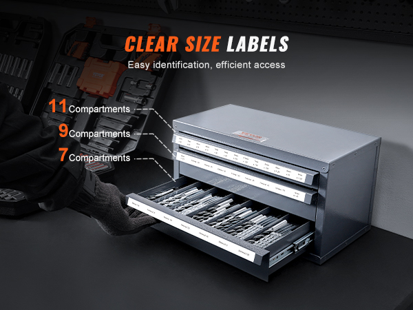 VEVOR drill bit organizer with clear size labels, 11, 9, and 7 compartments for easy identification.