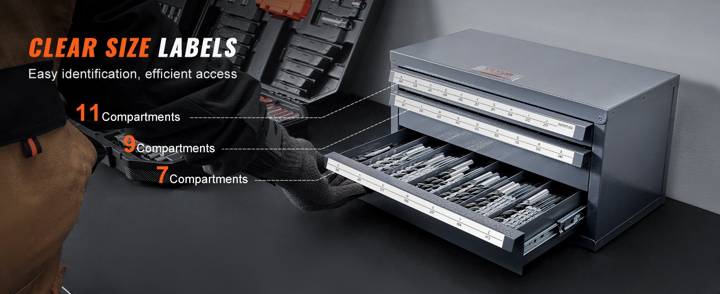 VEVOR drill bit organizer with clear size labels, 11, 9, and 7 compartments for easy identification.