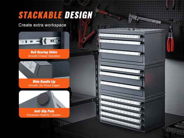 stackable VEVOR drill bit organizer with ball bearing slides, wide handle lip, and anti-slip pads.