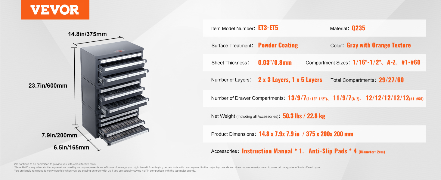 VEVOR drill bit organizer dimensions and details, featuring multiple compartments and a sleek design.