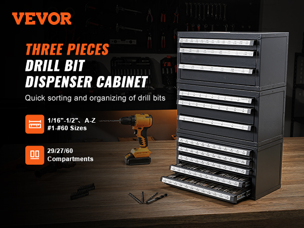 VEVOR drill bit organizer cabinet for quick sorting with 29/27/60 compartments on a workshop table.