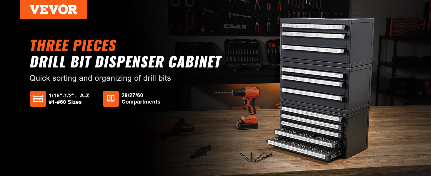 VEVOR drill bit organizer cabinet for quick sorting with 29/27/60 compartments on a workshop table.