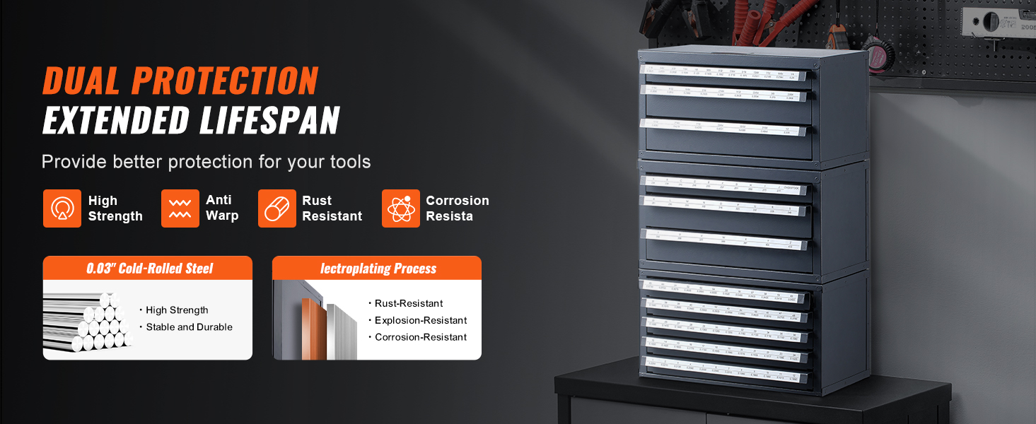 VEVOR drill bit organizer featuring high strength, anti-warp, rust, and corrosion-resistant steel.