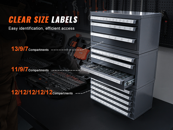 VEVOR drill bit organizer with clear size labels and multiple compartments for easy identification and access.