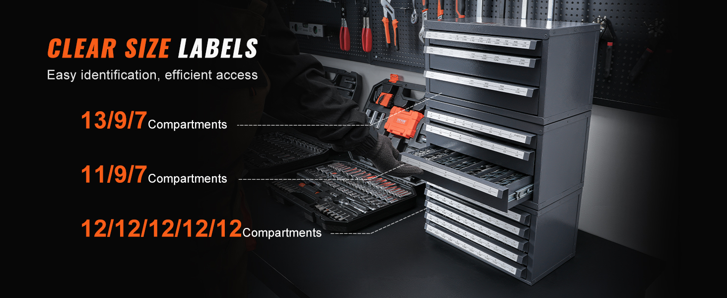 VEVOR drill bit organizer with clear size labels and multiple compartments for easy identification and access.