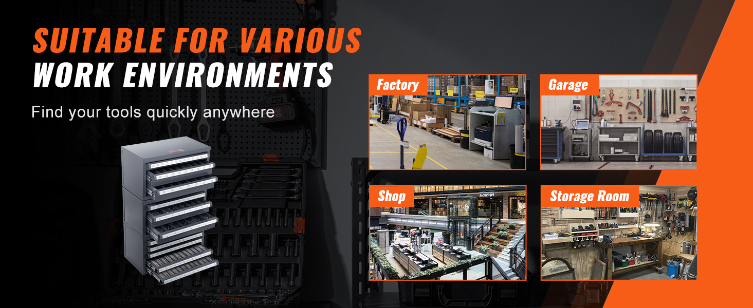 VEVOR drill bit organizer for factory, garage, shop, and storage room environments.