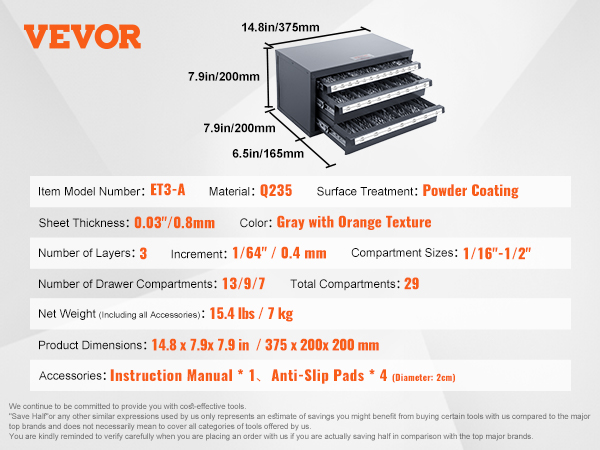 VEVOR drill bit dispenser with 3 layers, 29 compartments, and a powder-coated finish.