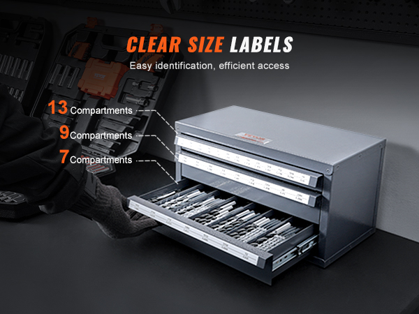VEVOR drill bit dispenser with 13, 9, and 7 compartments, featuring clear size labels for quick access.