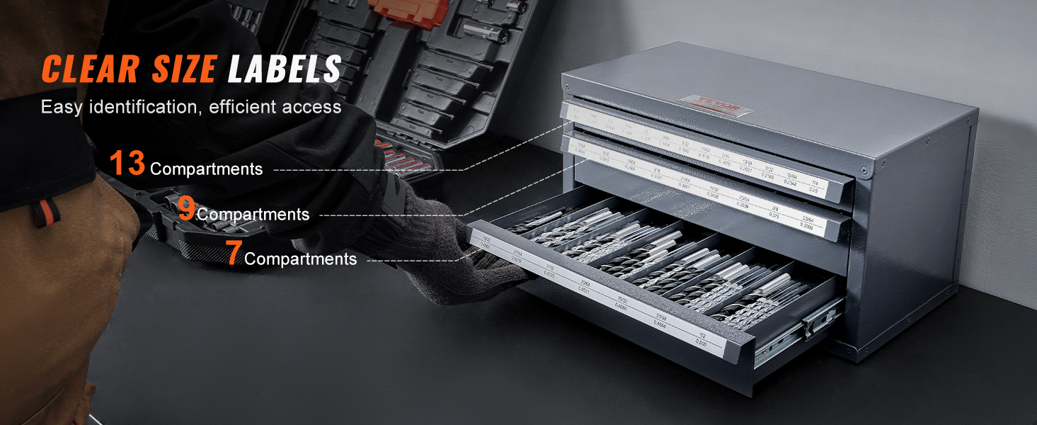 VEVOR drill bit dispenser with 13, 9, and 7 compartments, featuring clear size labels for quick access.