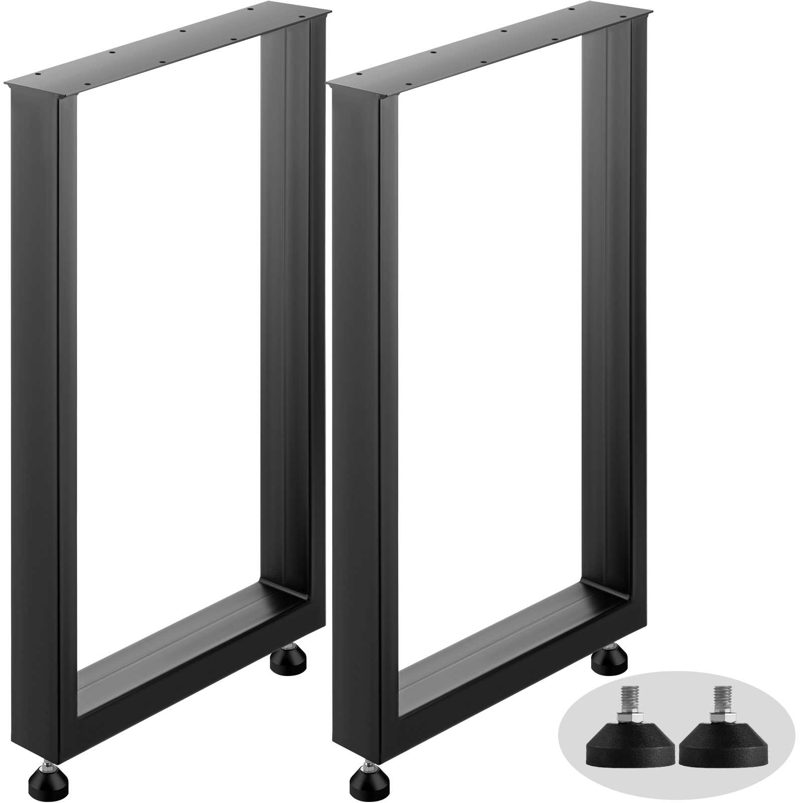 black rectangular VEVOR steel table legs with adjustable feet, simple and modern design.