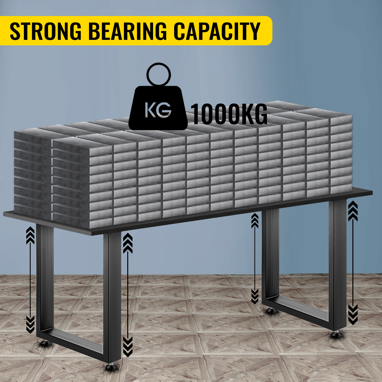 VEVOR steel table legs support 1000kg weight on a tabletop, highlighting strong bearing capacity.
