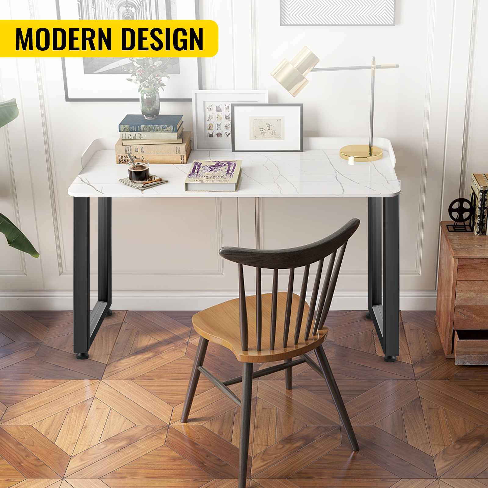 modern office with white marble desk and VEVOR steel table legs, wooden chair, and decor.