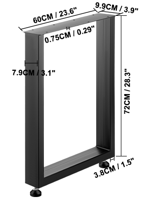 VEVOR steel table legs with dimensions: 60cm x 72cm, 3.8cm base width.