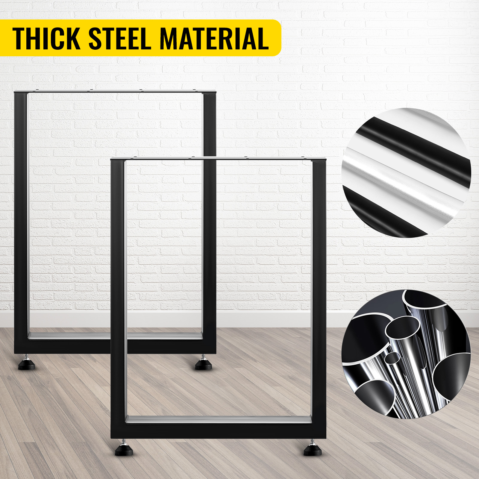 VEVOR steel table legs with thick square frames and adjustable feet on wood floor.