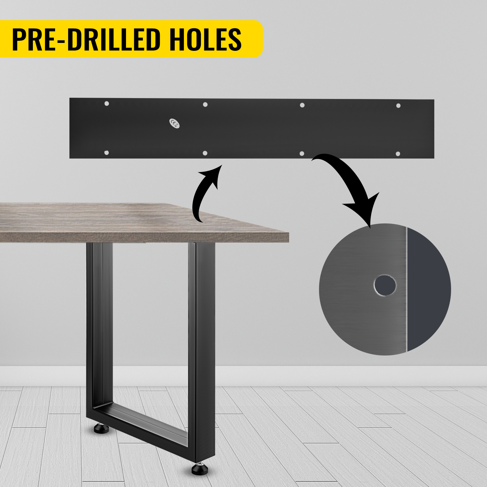 VEVOR steel table legs with pre-drilled holes shown in black and highlighted close-up.