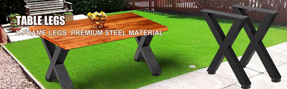 VEVOR steel table legs with x-frame on outdoor wooden table set on green lawn.