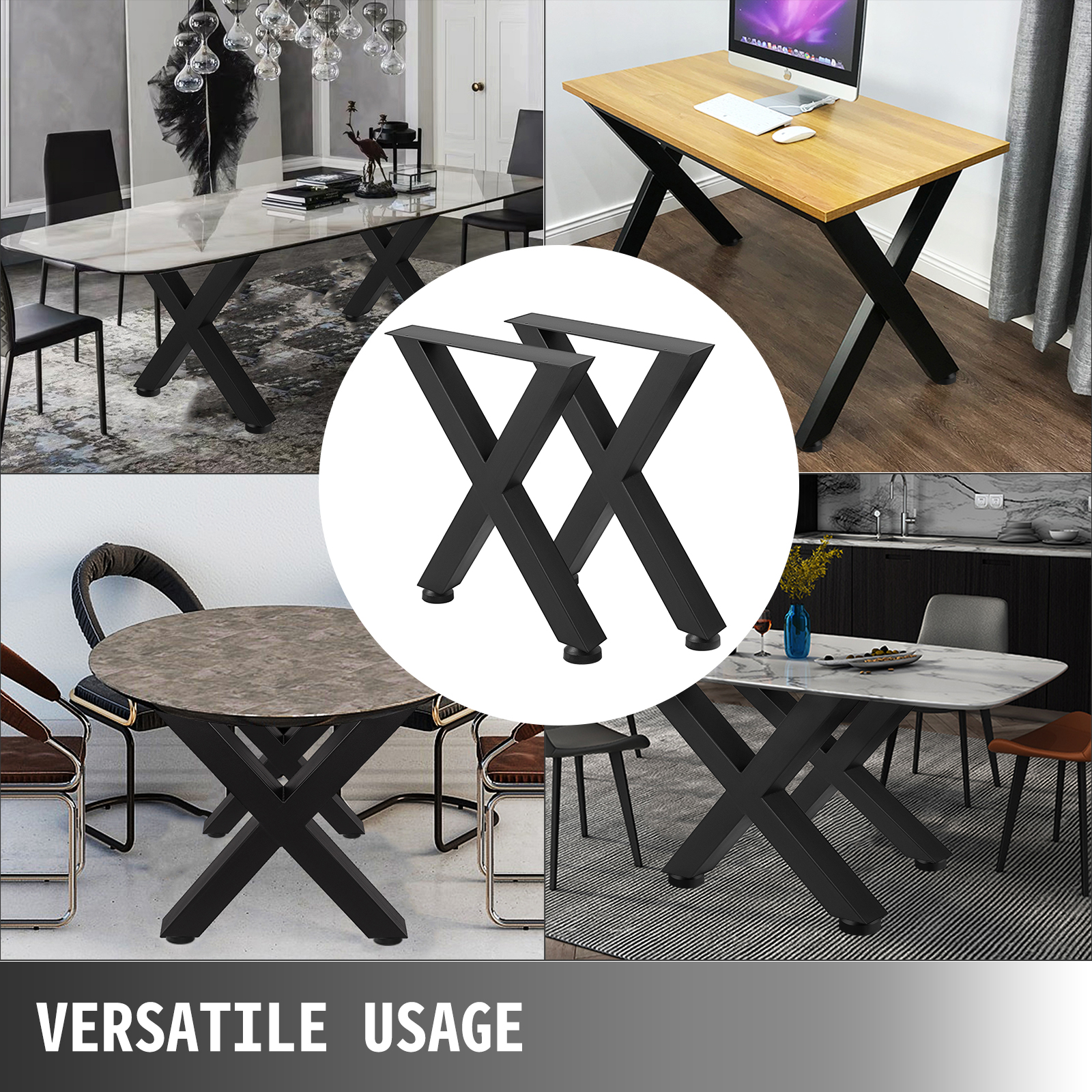 VEVOR steel table legs displayed with various tabletops and versatile uses.