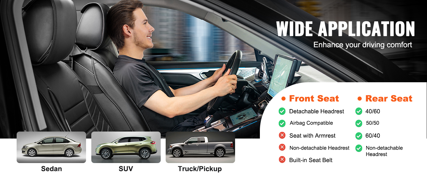 autovadītājs automašīnā demonstrē VEVOR automašīnu sēdekļu pārvalkus. saderīgi ar sedan, suv, truck. parādītas dažādas sēdekļu iespējas.