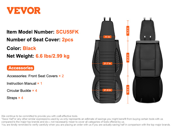 VEVOR seat covers: scu55fk, 2pcs, black, 6.6 lbs, dimensions, accessories include buckles and straps.