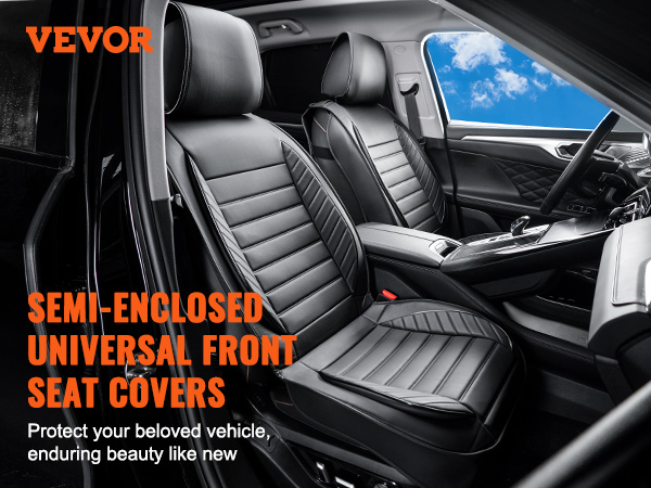 VEVOR semi-enclosed universal front seat covers in a modern car, showcasing sleek black design.