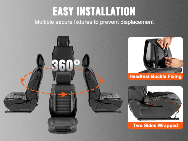 easy installation of VEVOR seat covers with 360-degree view, two sides wrapped, and headrest buckle fixing.