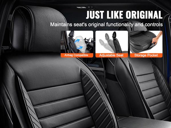 black car interior with VEVOR seat covers, showing airbag compatibility, adjustable headrest, and storage pocket.