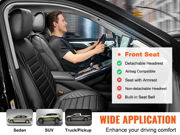 VEVOR seat covers in a car interior with detachable headrest, airbag compatibility, and wide application.
