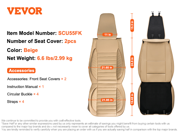 VEVOR universālie auto sēdekļu pārvalki bēšā krāsā, modelis scu55fk, 2 gab., neto svars 6,6 kg, ar piederumiem.