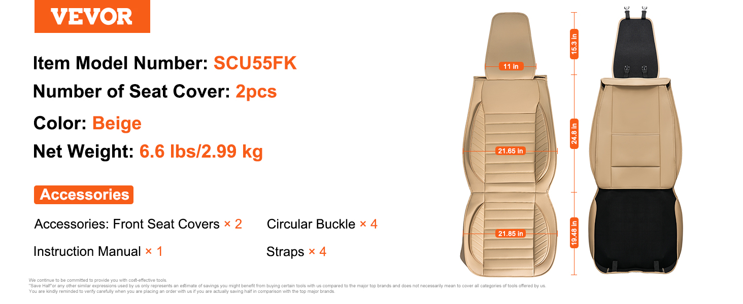 VEVOR universālie auto sēdekļu pārvalki bēšā krāsā, modelis scu55fk, 2 gab., neto svars 6,6 kg, ar piederumiem.