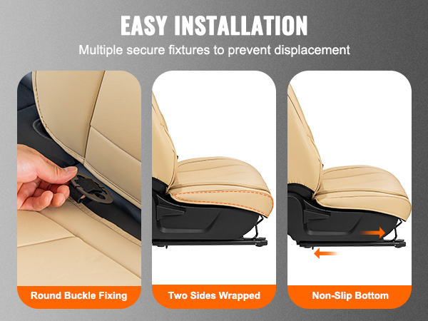 easy installation of VEVOR seat covers with round buckle fixing, two sides wrapped, and non-slip bottom.