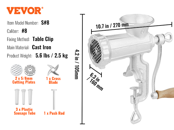 VEVOR manual meat grinder with table clip, #8 caliber, cast iron, includes cutting plates, blade, tubes, rod.