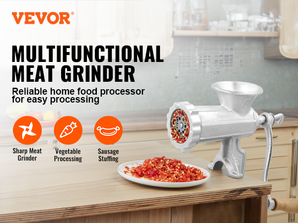 VEVOR manual meat grinder in a kitchen with minced meat on a plate, showcasing multifunctional use.