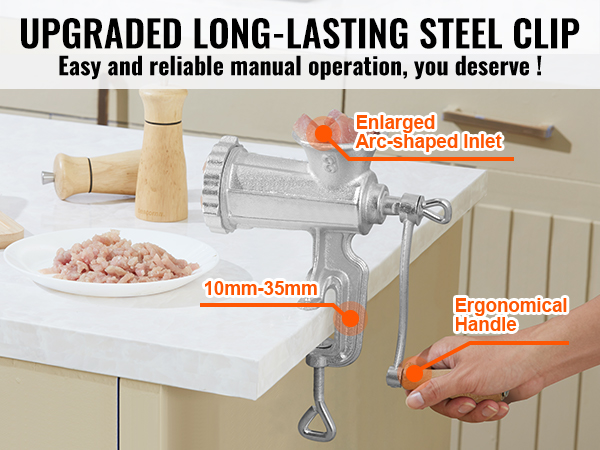 VEVOR manual meat grinder with steel clip, ergonomic handle, and enlarged arc-shaped inlet.