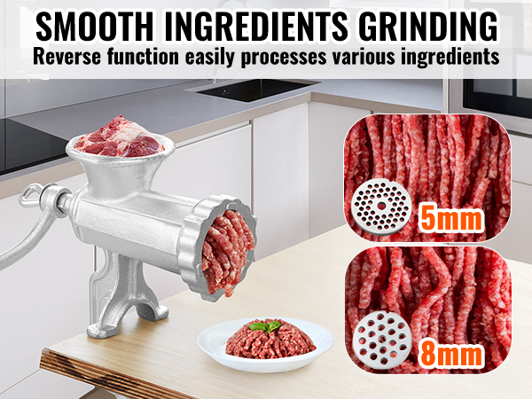 VEVOR manual meat grinder on a kitchen counter with close-ups of 8mm and 5mm grind sizes.