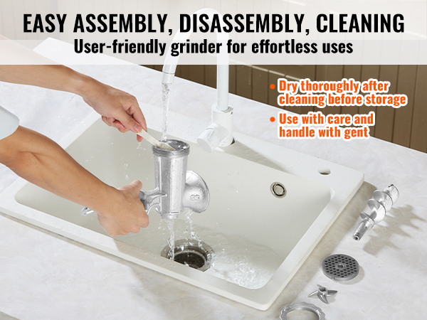 person cleaning a grinder in a white sink, VEVOR easy assembly and cleaning.