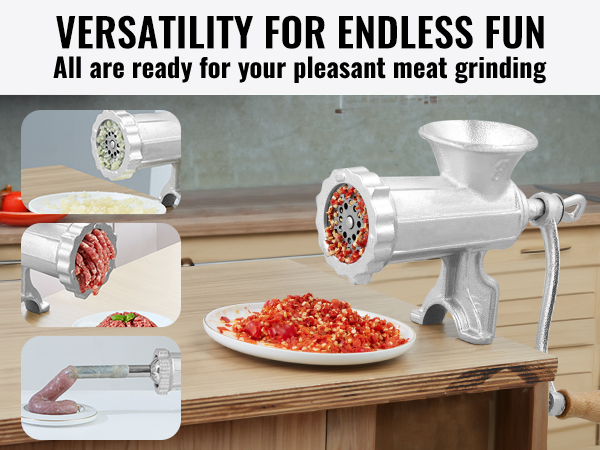 VEVOR manual meat grinder on a kitchen counter with ground meat and diced vegetables.