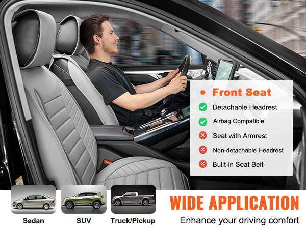 VEVOR seat covers front seat compatibility with sedans, suvs, and trucks, highlighting key features.