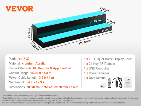 VEVOR led liquor bottle display, 2-layer, 30 inches, remote & app control, holds 16 bottles.