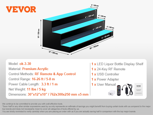 VEVOR led bar shelf, 3-layer, 30 inches, premium acrylic, rf and app control, holds 24 bottles.