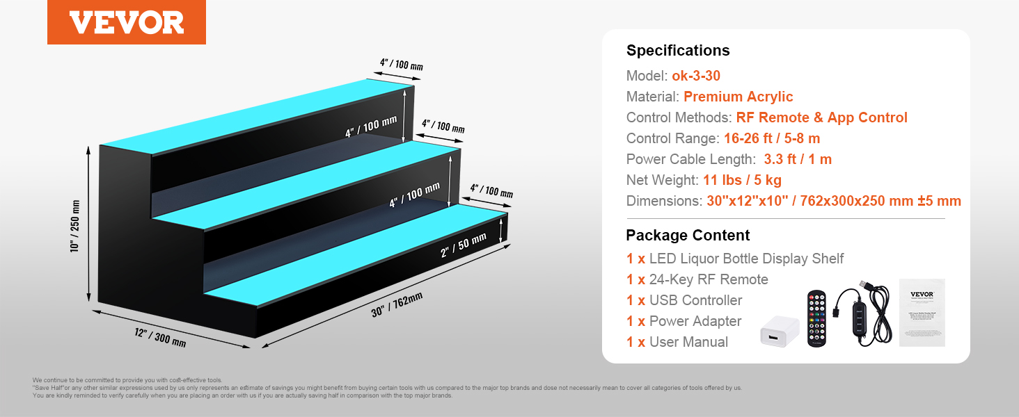 VEVOR led bar shelf, 3-layer, 30 inches, premium acrylic, rf and app control, holds 24 bottles.