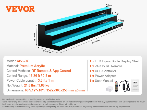 VEVOR led liquor bottle display, 3-layer, premium acrylic, rf remote & app control, holds around 54 bottles.